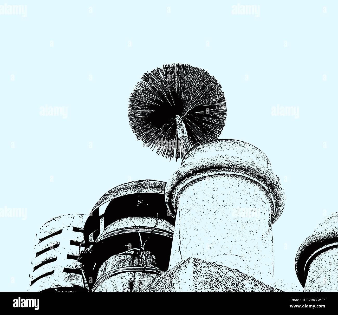 Graphic image, a chimney sweeps brush poking out of the top of a