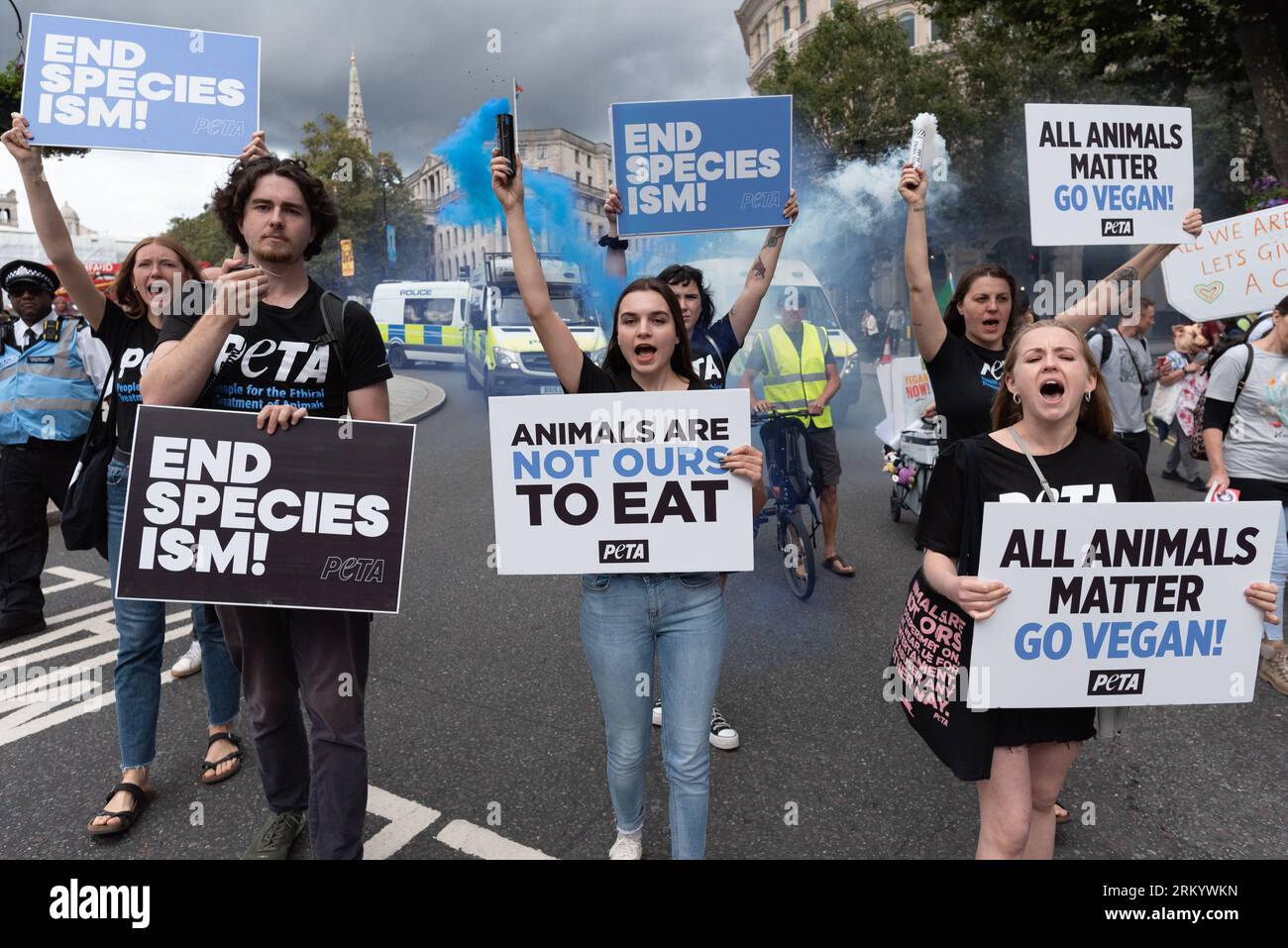 London, UK. 26 August, 2023. Activists from PETA (People for the Ethical Treatment of Animals) on the annual National Animal Rights march, from Marble Arch to Parliament Square, promoting animal welfare, opposing animal exploitation and cruelty on ethical and environmental grounds and calling for a plant-based food system. Credit: Ron Fassbender/Alamy Live News Stock Photo