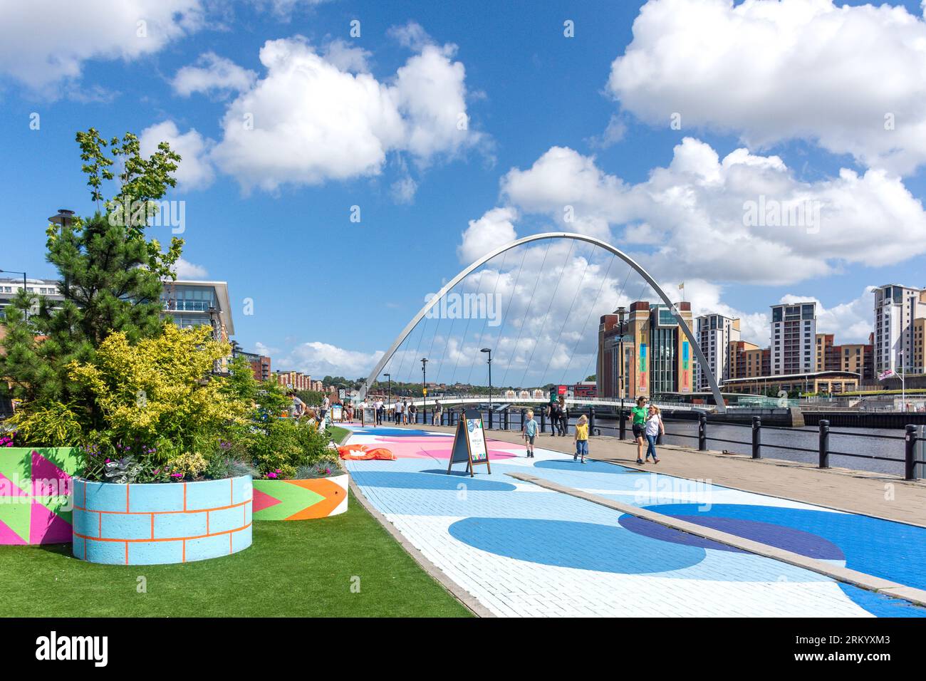 Urban Garden and Millennium Bridge, Quayside, Newcastle upon Tyne, Tyne and Wear, England, United Kingdom Stock Photo