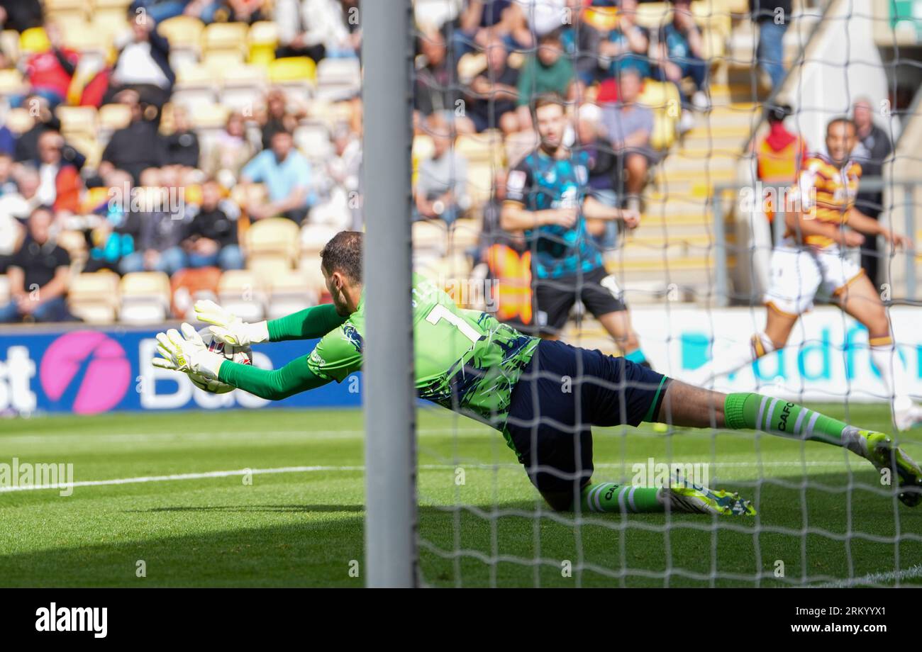 Bradford, UK. 26th August 2023. EFL Sky Bet League 1: Bradford City AFC  v Crewe Alexandra FC. Harvey Davies of Crewe Alexandra makes an early save. Credit Paul B Whitehurst/Alamy Live News Stock Photo