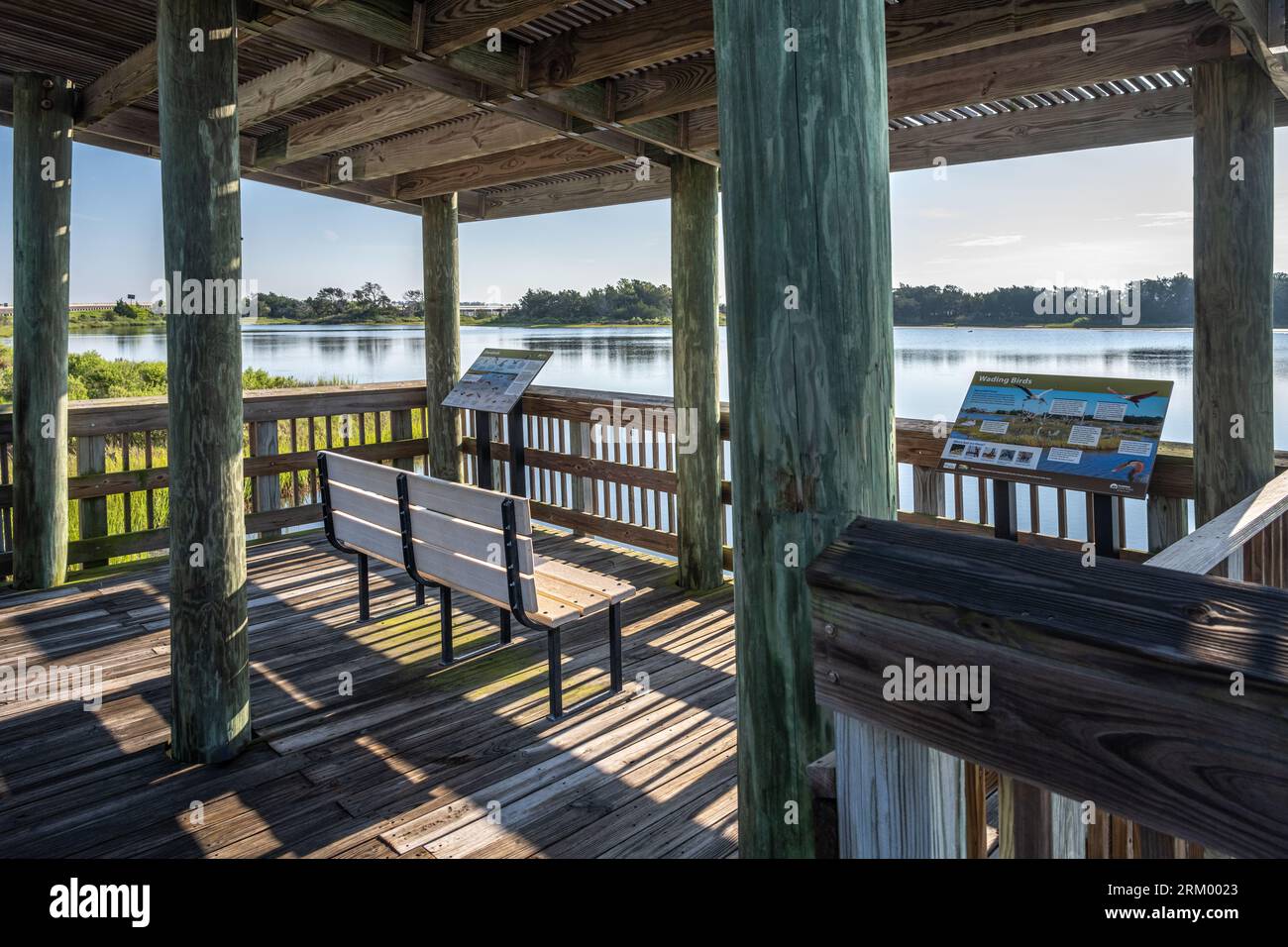 Birdwatching shelter along the Timucuan Trail boardwalk on Spoonbill Pond at Big Talbot Island State Park in Jacksonville, Florida. (USA) Stock Photo