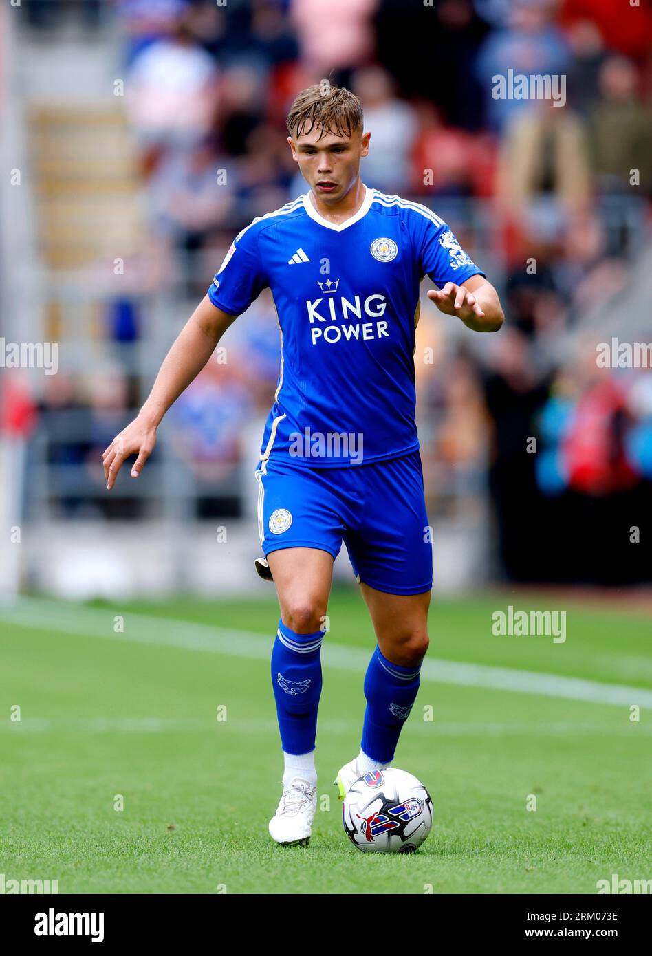 Leicester City's Callum Doyle during the Sky Bet Championship match at the AESSEAL New York Stadium, Rotherham. Picture date: Saturday August 26, 2023. Stock Photo