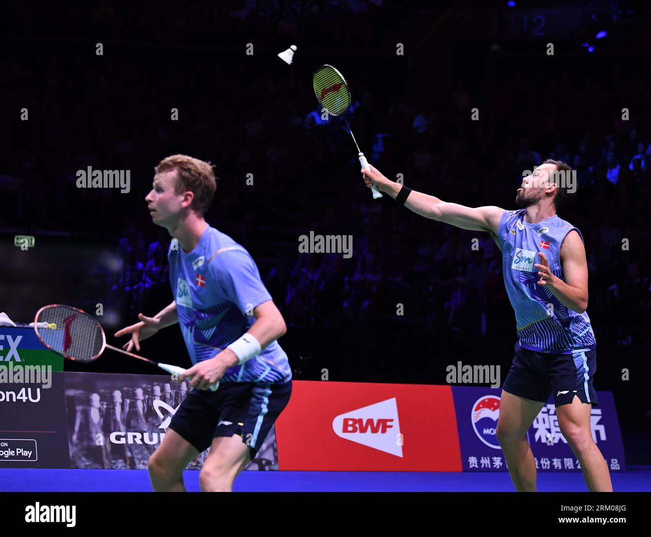 Copenhagen, Denmark. 26th Aug, 2023. Kim Astrup/Anders Skaarup Rasmussen (R) of Denmark compete during the men's doubles semifinal match against Liang Weikeng/Wang Chang of China at the BWF World Championships 2023 in Copenhagen, Denmark, Aug. 26, 2023. Credit: Ren Pengfei/Xinhua/Alamy Live News Stock Photo