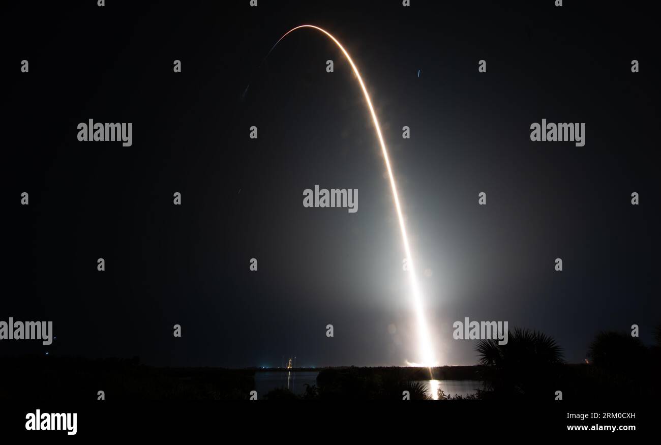 Cape Canaveral, United States of America. 26 August, 2023. A long exposure of the SpaceX Falcon 9 rocket carrying the Crew Dragon capsule as it blasts off from Launch Complex 39A at the Kennedy Space Center, August 26, 2023 in Cape Canaveral, Florida. Crew-7 members: NASA astronaut Jasmin Moghbeli, ESA astronaut Andreas Mogensen, JAXA astronaut Satoshi Furukawa, and Roscosmos cosmonaut Konstantin Borisov departed for a rotation on the International Space Station. Credit: Joel Kowsky/NASA/Alamy Live News Stock Photo