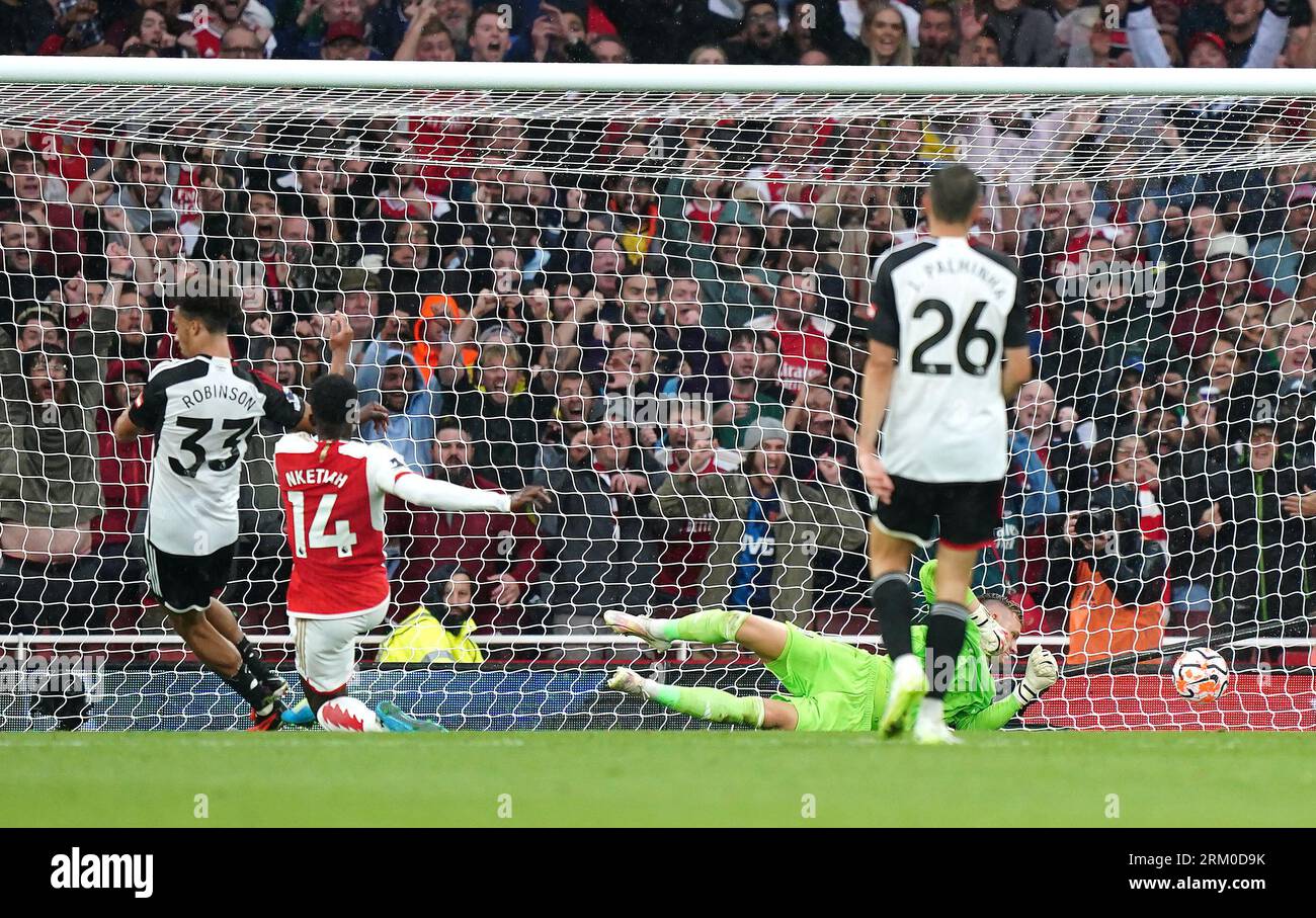 Arsenal's Eddie Nketiah (second left) scores their side's second goal of the game during the Premier League match at the Emirates Stadium, London. Picture date: Saturday August 26, 2023. Stock Photo