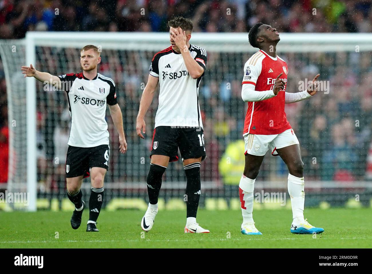Arsenal's Eddie Nketiah (right) celebrates scoring their side's second goal of the game during the Premier League match at the Emirates Stadium, London. Picture date: Saturday August 26, 2023. Stock Photo