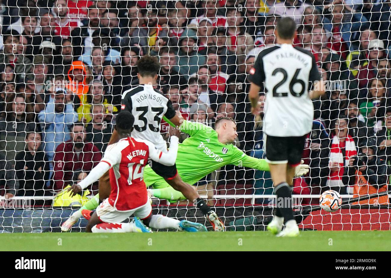 Arsenal's Eddie Nketiah (left) scores their side's second goal of the game during the Premier League match at the Emirates Stadium, London. Picture date: Saturday August 26, 2023. Stock Photo