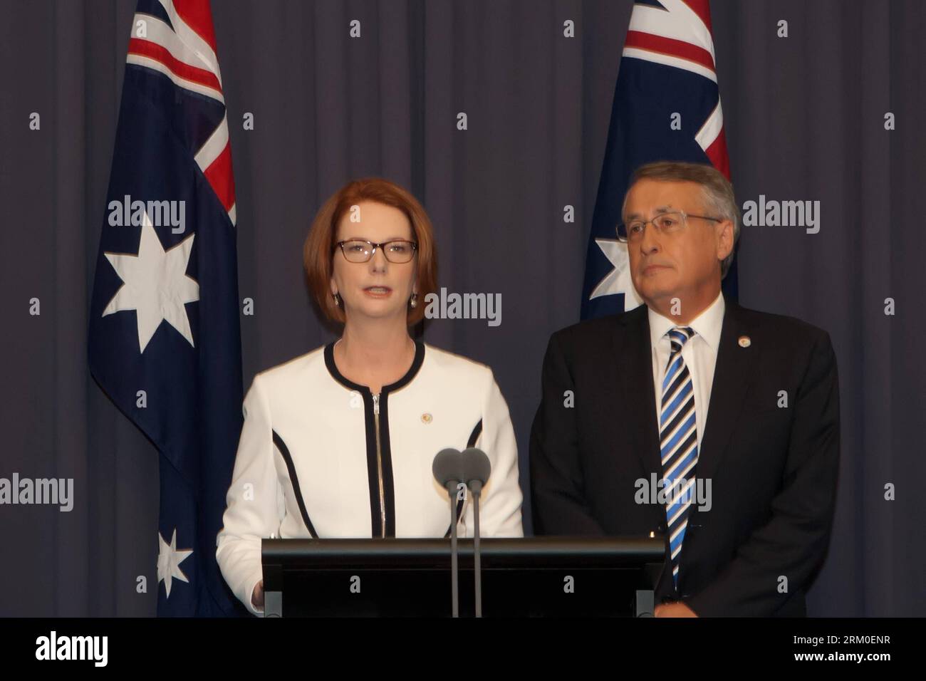 Bildnummer: 59399256  Datum: 21.03.2013  Copyright: imago/Xinhua (130321) -- CANBERRA, March 21, 2013 (Xinhua) -- Australian Prime Minister Julia Gillard and Deputy Prime Minister Wayne Swan attend a press conference in Canberra, Australia, on March 21, 2013. Julia Gillard retained her leadership of the Australian Labor Party (ALP) as well as the prime ministership on Thursday after former leader and prime minister Kevin Rudd chose not to challenge her. (Xinhua/Xu Haijing) (zjl) AUSTRALIA-CANBERRA-PM PUBLICATIONxNOTxINxCHN POlitik People PK x0x xub 2013 quer premiumd      59399256 Date 21 03 2 Stock Photo