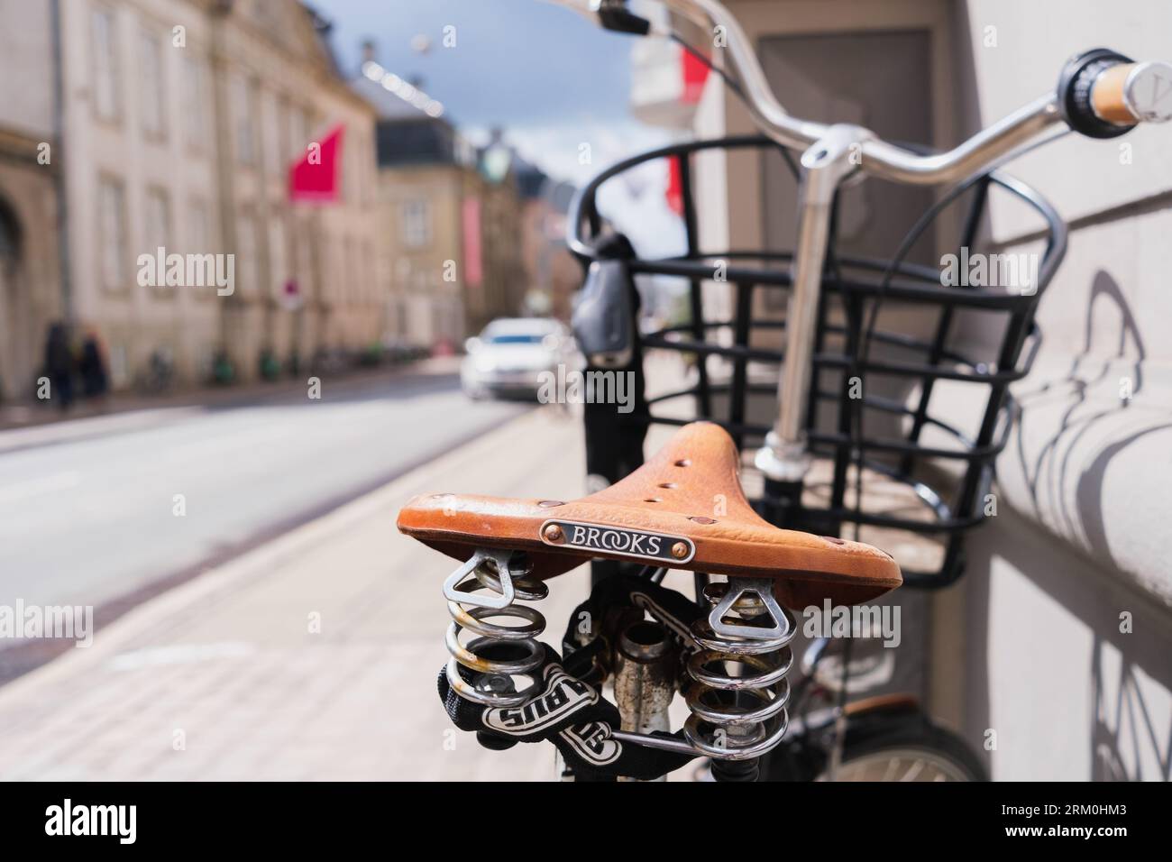 Copenhagen, Denmark - August 8, 2023: Detail of a leather bike saddle, Brooks brand Stock Photo