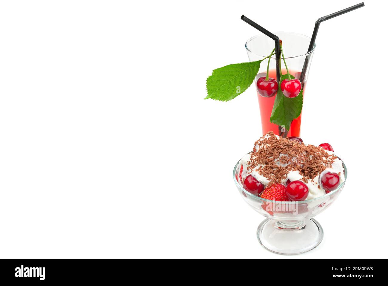 Ripe cherries, fruit yoghurt and juice isolated on white background