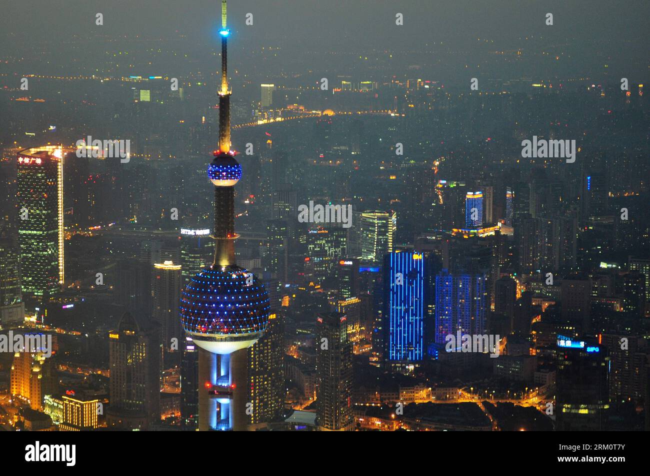 SHANGHAI, 2013 - The Oriental Pearl TV Tower is illuminated in blue light to mark the World Autism Awareness Day in Shanghai, east China, April 2, 2013. Xinhua/He Youbao hdt CHINA-SHANGHAI-WORLD AUTISM AWARENESS DAY CN PUBLICATIONxNOTxINxCHN Stock Photo