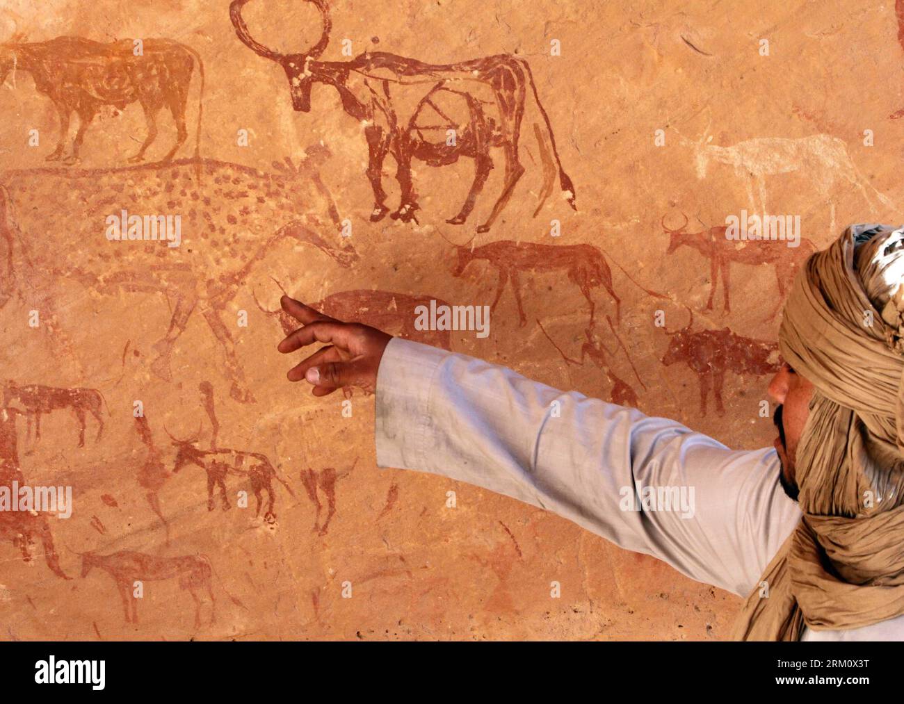 Bildnummer: 59477139  Datum: 05.04.2013  Copyright: imago/Xinhua (130405) -- TRIPOLI, April 5, 2013 (Xinhua) -- A man points to the engravings on the wall at the Rock-Art Sites of Tadrart Acacus, in Libya, on April 1, 2013. The rock art sites of Tadrart Acacus in the desert region bordering Algeria contain thousands of cave paintings in different styles, dating back to as far as 12,000 BC. It was listed as a world heritage site by the United Nations Educational, Scientific and Cultural Organization in 1985, one of the five of the kind in Libya. (Xinhua/Hamza Turkia) (zf) LIBYA-ACACUS MOUNTAINS Stock Photo