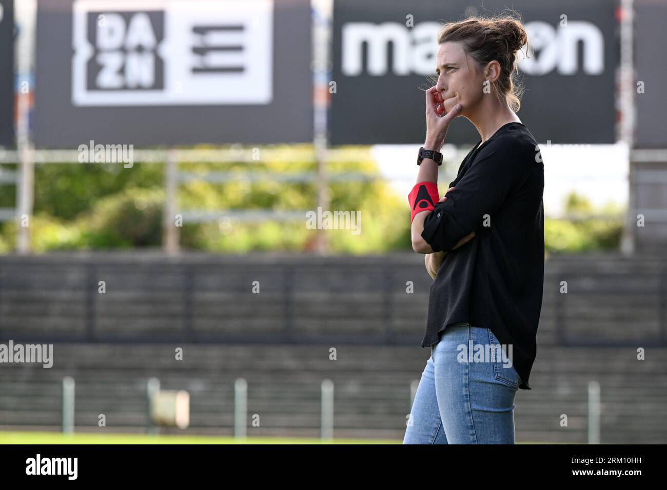 Roeselare, Belgium. 26th Aug, 2023. Head Coach Heleen Jaques of Club YLA  pictured during a female soccer game between Club Brugge Dames YLA and  Standard Femina de Liege on the 1st matchday