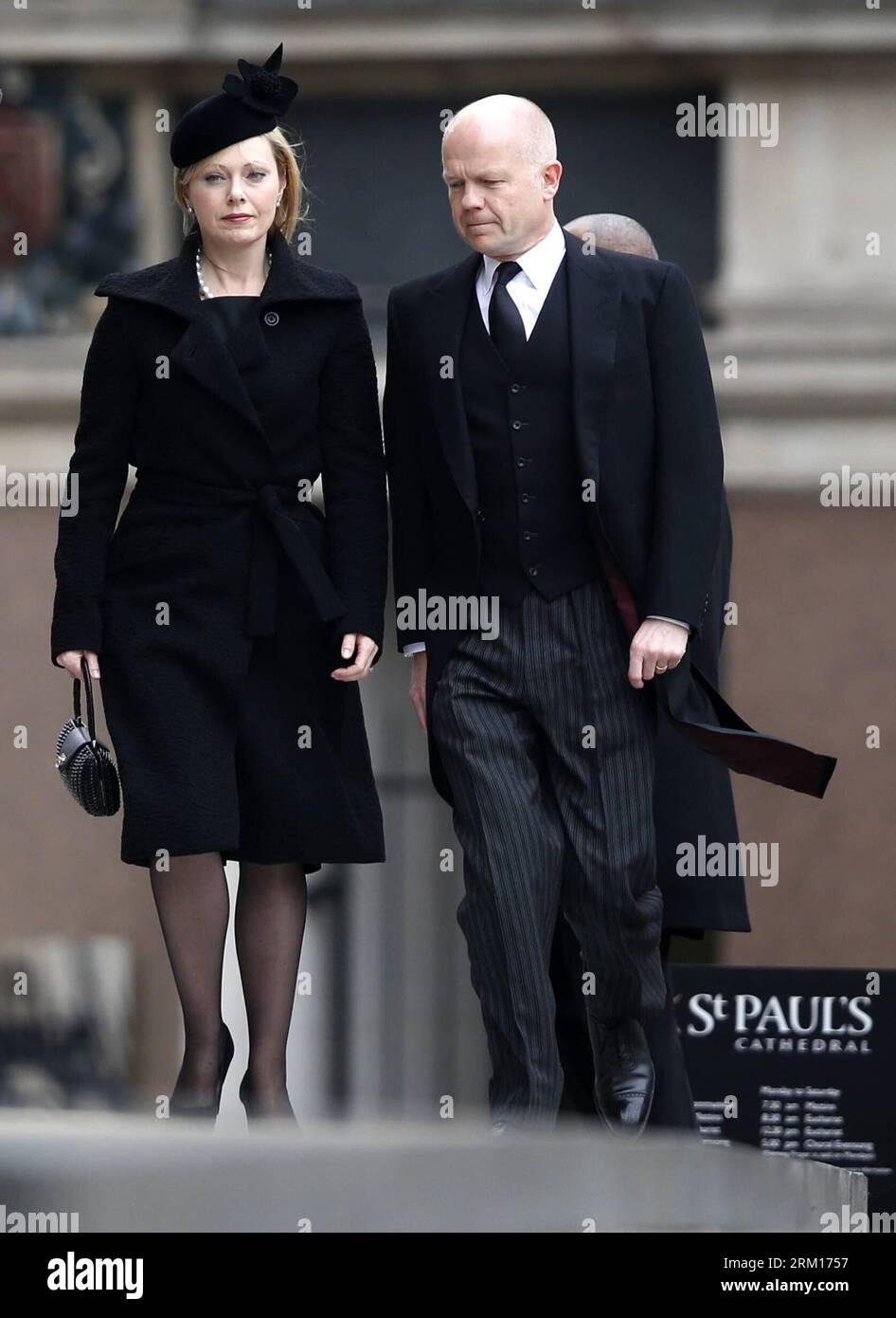 130417 -- LONDON, April 17, 2013 Xinhua -- British Foreign Secretary William Hague R and his wife Ffion Jenkins arrive for the funeral of former British Prime Minister Margaret Thatcher, outside St. Paul s Cathedral in London, Britain on April 17, 2013. The funeral of Margaret Thatcher, the first female British prime minister, started 11 a.m. local time on Wednesday in London. Xinhua/Wang Lili ybg BRITAIN-LONDON-THATCHER-FUNERAL PUBLICATIONxNOTxINxCHN Stock Photo