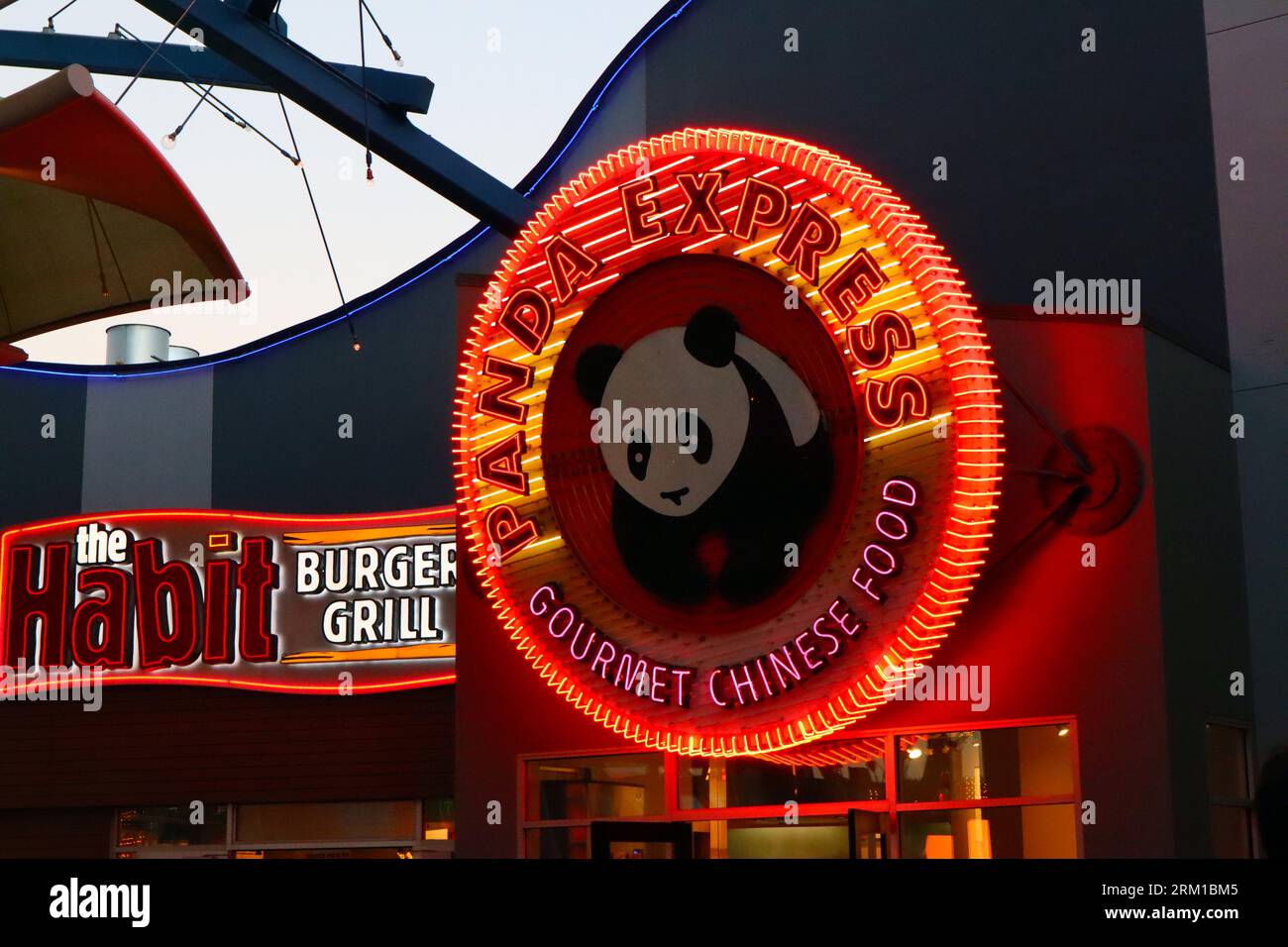 Universal City Hollywood, California: The Habit Burger Grill and Panda Express Gourmet Chinese Food restaurants on CityWalk at Universal Studios Stock Photo