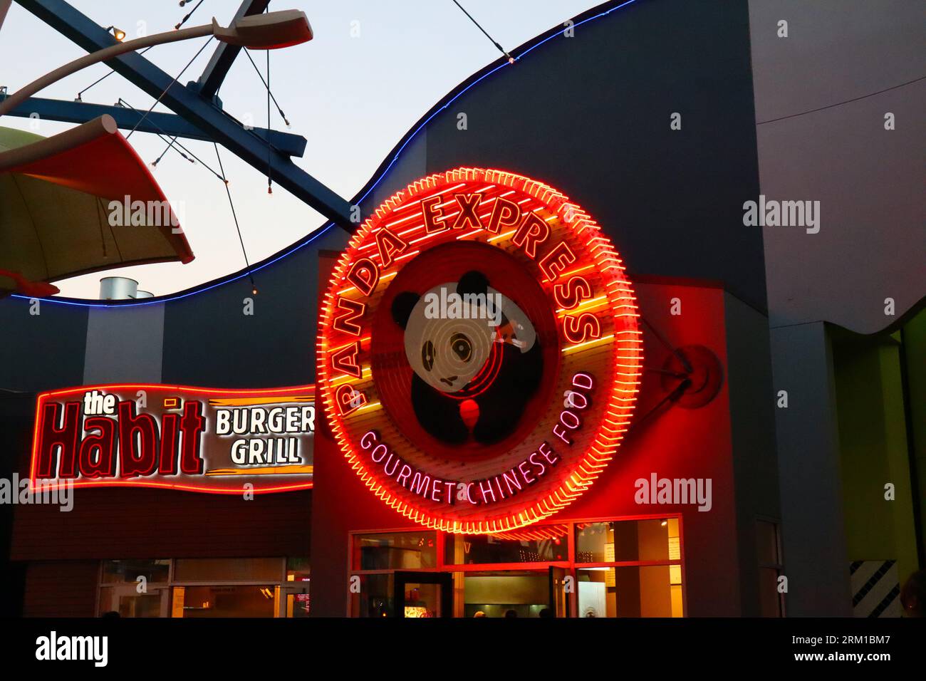 Universal City Hollywood, California: The Habit Burger Grill and Panda Express Gourmet Chinese Food restaurants on CityWalk at Universal Studios Stock Photo