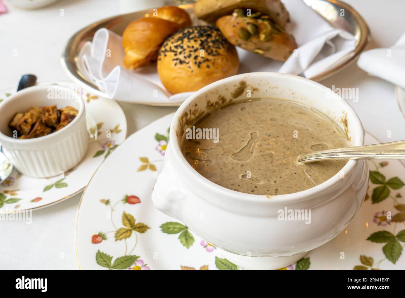 Mushroom soup served in Gourmet Lounge Ritz hotel Bahrain Stock Photo