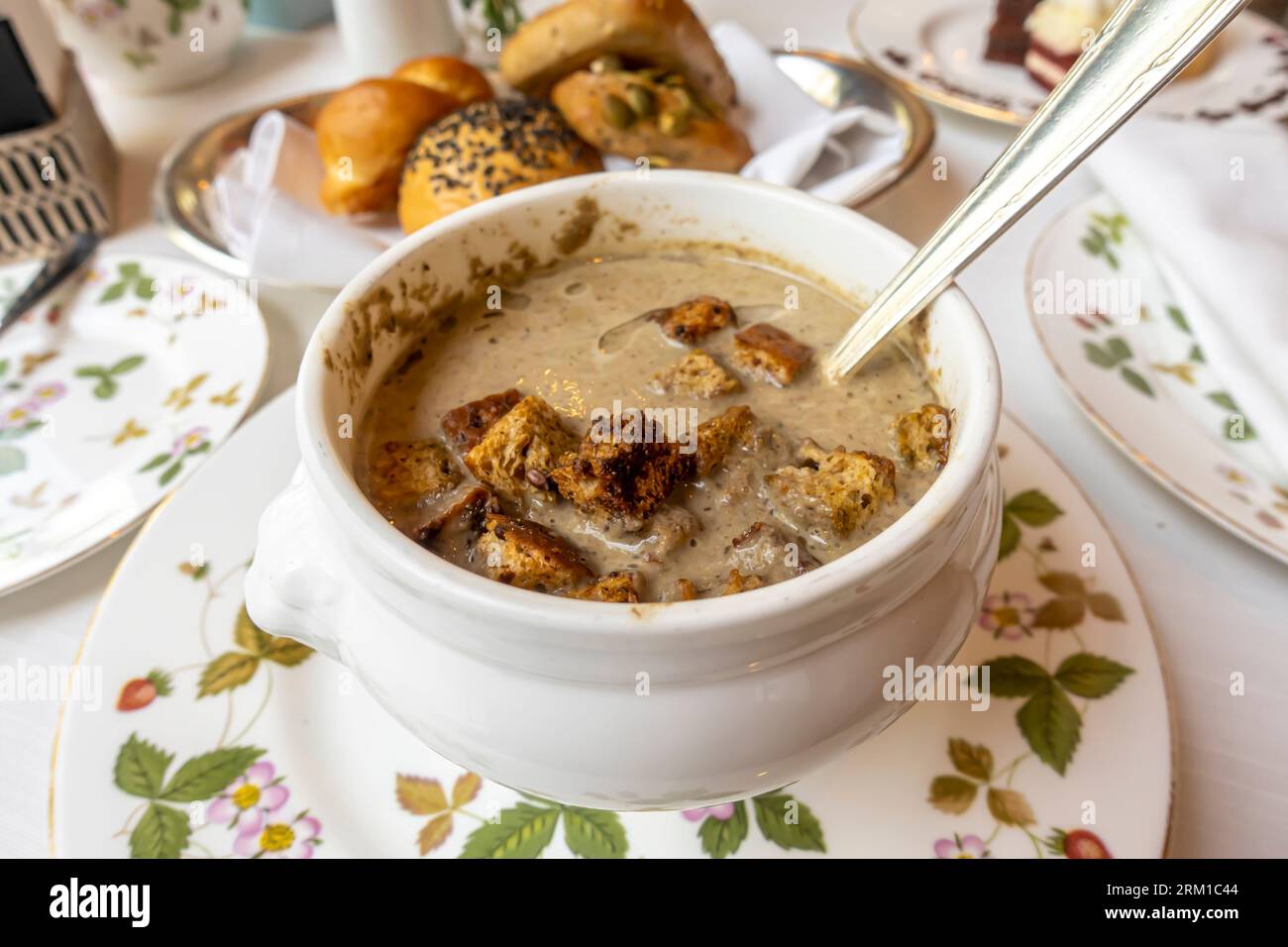 Mushroom soup served in Gourmet Lounge Ritz hotel Bahrain Stock Photo