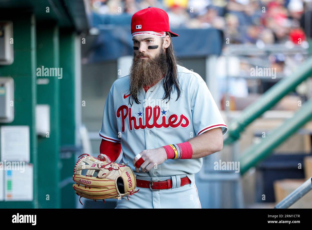 PITTSBURGH, PA - JULY 29: Philadelphia Phillies center fielder Brandon  Marsh (16) walks through the dugout prior to a regular season game between  the Philadelphia Phillies and Pittsburgh Pirates on July 29,