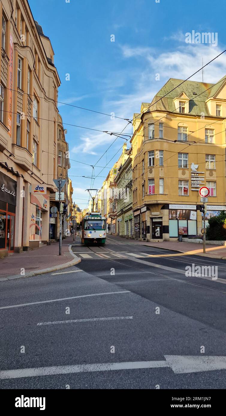 Tram in the old streets of the historic town of Liberec, Czech Republic Stock Photo