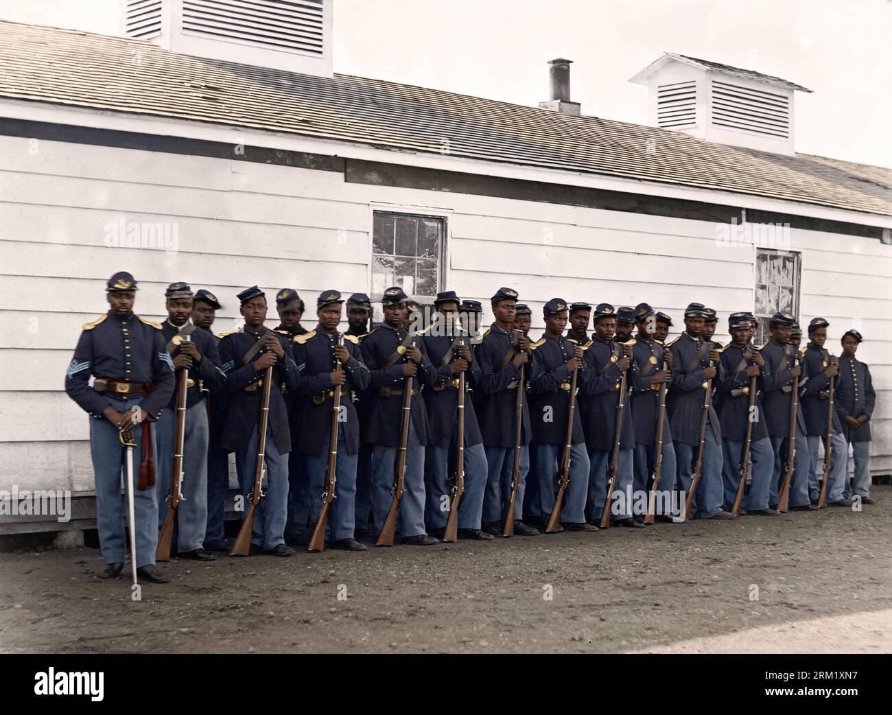 African American soldiers of the 4th US Colored Infantry Regiment are seen in this picture from 1865. The regiment’s soldiers were awarded three Medal Stock Photo