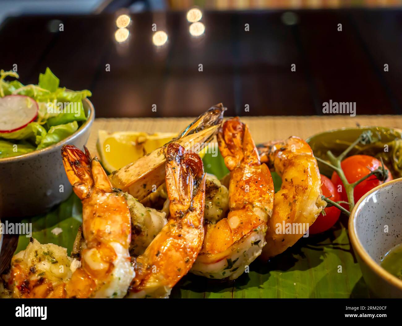 Black tiger prawns served Cantina Kahlo restaurant Al Seef District, Manama, Bahrain Stock Photo