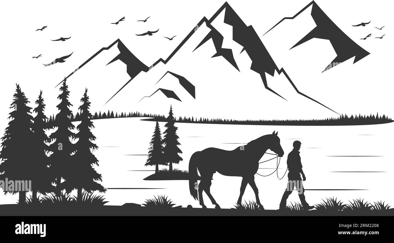 mountain-lake-silhouette-graphic-art-black-white-landscape-illustration