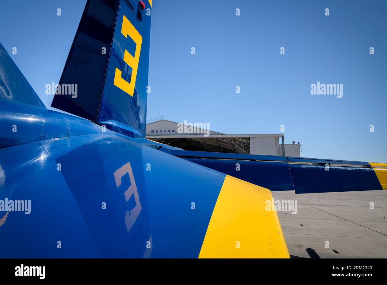 Number three with the US Navy Blue Angels sits on the tarmac before the performance at the 2022 Miramar Airshow in San Diego, California. Stock Photo