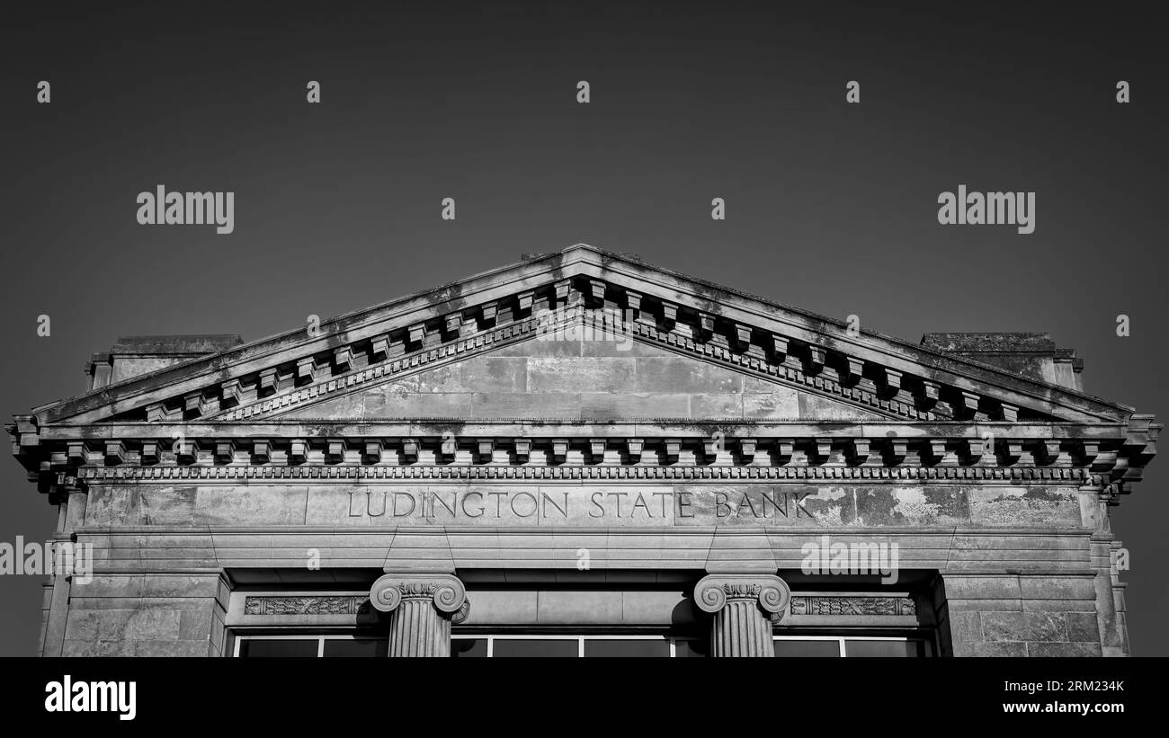 The old Ludington State Bank building, over 100 years old, still stands in Ludington, Michigan. Stock Photo