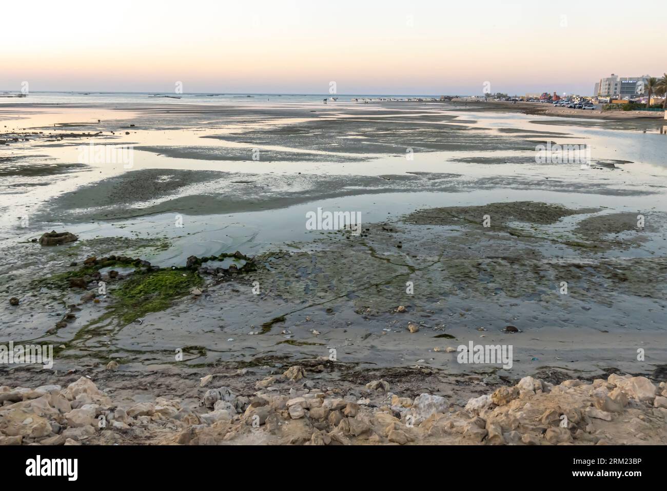 Bahrain Al-Seef, Karbabad beach. Oil spilled reaches the beach leaving oil globs Stock Photo