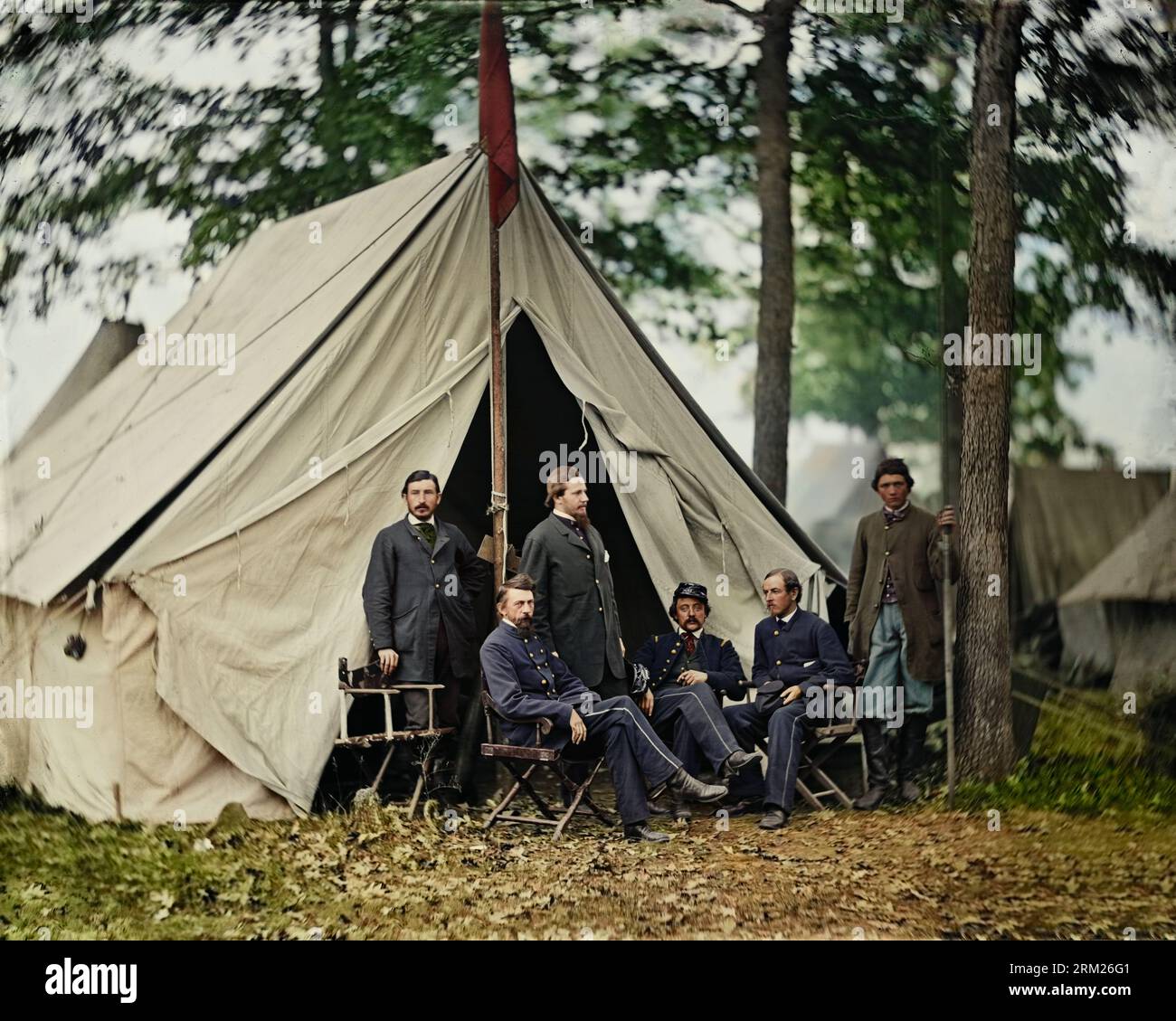 Dr. Jonathan Letterman (seated, left) and his medical staff sit outside an Army of the Potomac tent in Warrenton, Virginia, in November 1862. Stock Photo