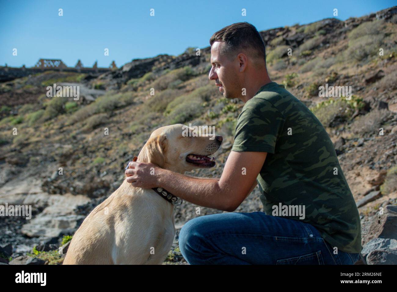 Young caucasian man fastens the collar to his labrador dog Stock Photo