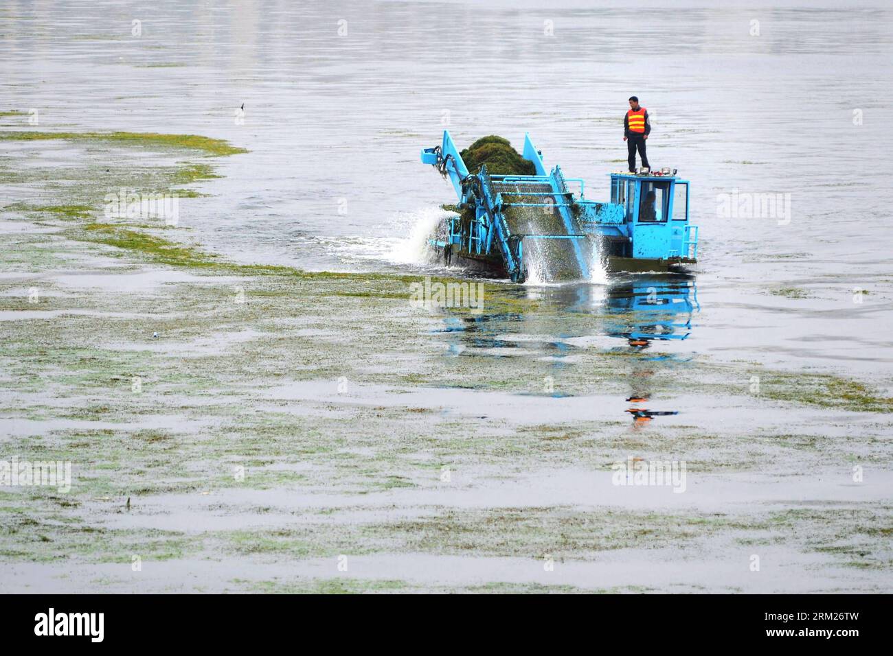 Bildnummer: 59720281  Datum: 28.05.2013  Copyright: imago/Xinhua Members of the local water authority clear overgrown waterweeds with a machine to improve the environment of the Haihe River in Tianjin Municipality, north China, May 28, 2013. (Xinhua/Wang Xiaoming) (wqq) CHINA-TIANJIN-HAIHE RIVER-WATERWEEDS (CN) PUBLICATIONxNOTxINxCHN Gesellschaft x2x xkg 2013 quer o0 Ökologie Wasser, Algen Algenpest     59720281 Date 28 05 2013 Copyright Imago XINHUA Members of The Local Water Authority Clear overgrown Waterweeds With a Machine to Improve The Environment of The Haihe River in Tianjin Municipal Stock Photo