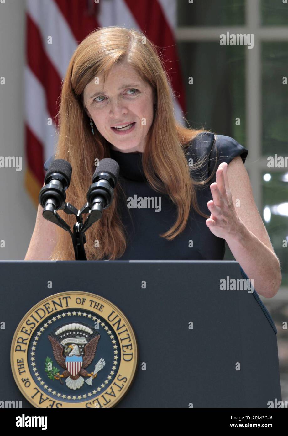 Bildnummer: 59781734  Datum: 05.06.2013  Copyright: imago/Xinhua (130605) -- WASHINGTON D.C., June 5, 2013 (Xinhua) -- Samantha Power, nominated to be the next US Ambassador to the United Nations, speaks during a White House ceremony in Washington D.C., the United States, June 5, 2013. U.S. President Barack Obama on Wednesday tapped UN ambassador Susan Rice to be the next national security advisor, taking the post vacated by Tom Donilon, who has resigned. (Xinhua/Fang Zhe) US-WASHINGTON-POLITICS-OBAMA-RICE PUBLICATIONxNOTxINxCHN People Politik USA premiumd x0x xmb 2013 hoch      59781734 Date Stock Photo