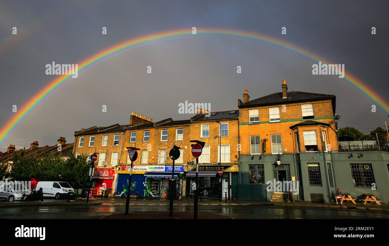 London, UK. 26th Aug, 2023. Following a day of sometimes beautiful sunshine and several very heavy showers in London, a vibrantly colourful double rainbow can be seen over Lewisham in Southeast London this evening. The forecast suggests further mixed weather in the coming days. Credit: Imageplotter/Alamy Live News Stock Photo
