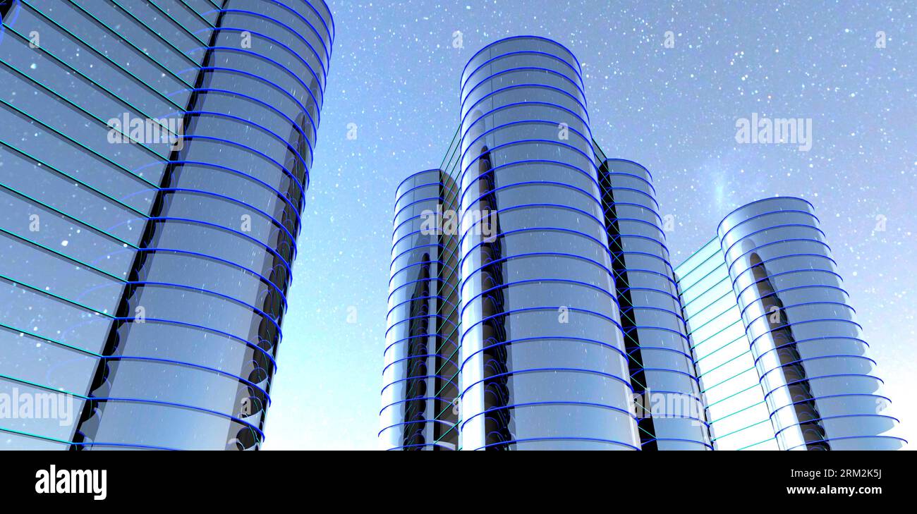 View of Reflection of starry sky in glass facades of three skyscrapers ...