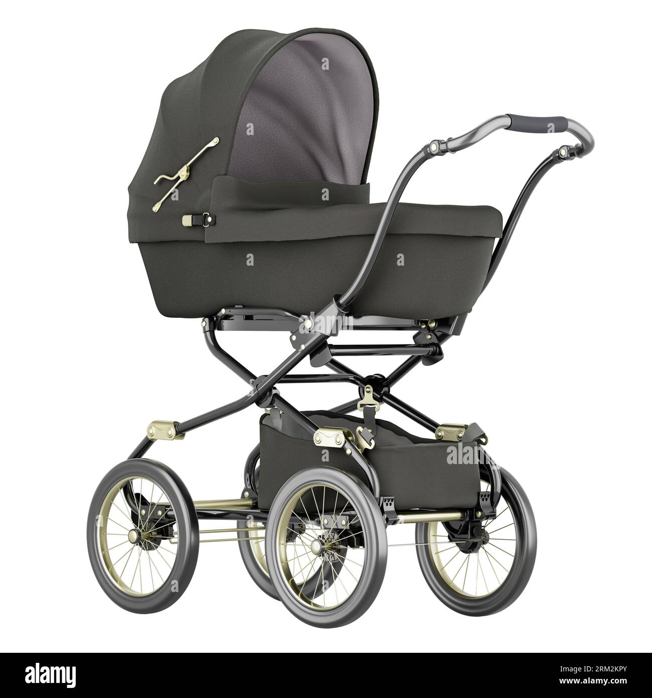 Black Baby Carriage, baby stroller, baby buggy, pram. 3D rendering