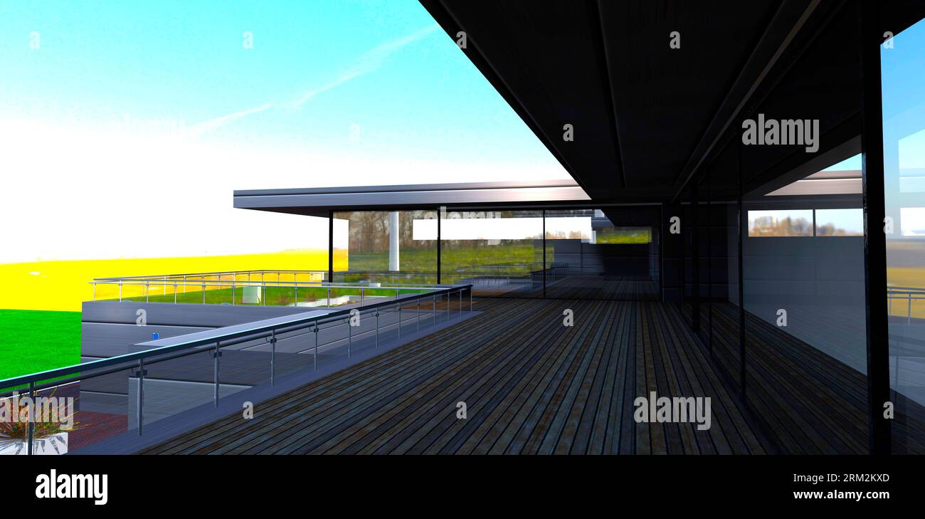 Spacious Field View from decked spacious terrace of the modern suburban house to the ...