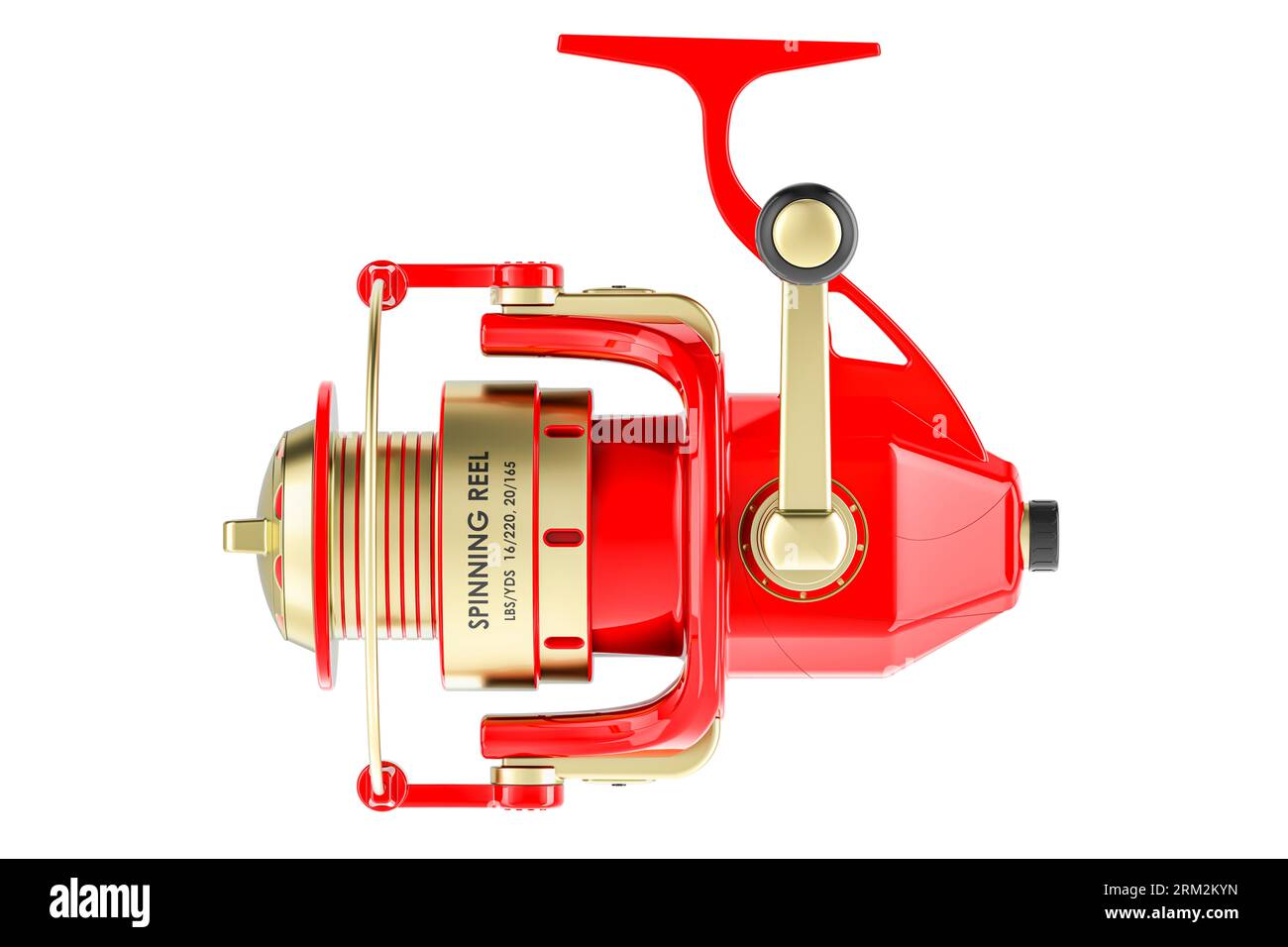 Red Spinning reel, side view. 3D rendering isolated on white