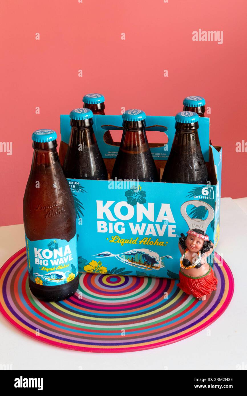 Still life of a bottle and six pack of Kona Big Wave beer, 2023, USA