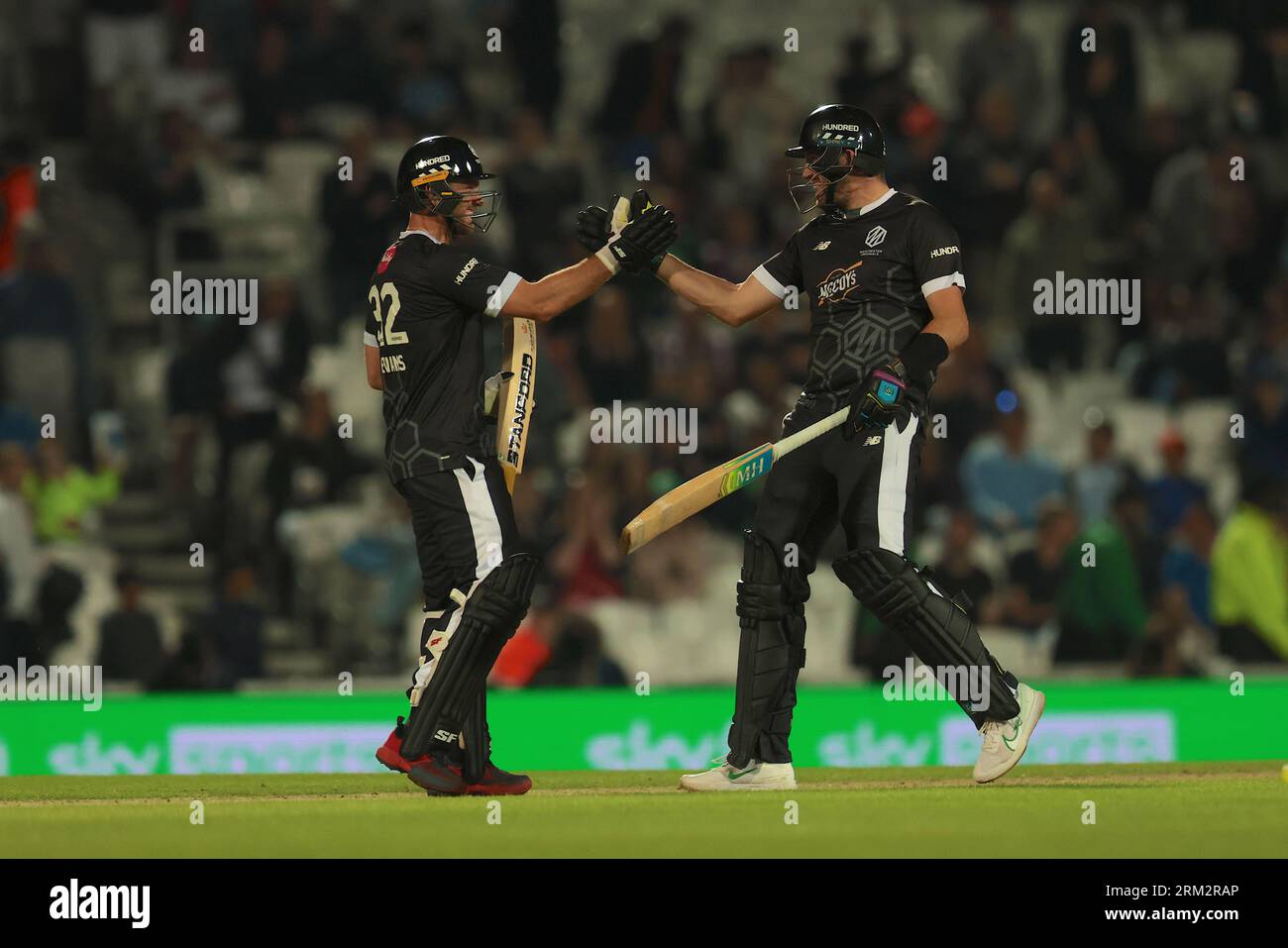 London, UK. 26th Aug, 2023. Laurie Evans of the Manchester Originals and Jamie Overton celebrate after getting the win for The Manchester Originals against The Southern Brave in The Hundred men's eliminator at The Kia Oval. Credit: David Rowe/Alamy Live News Stock Photo