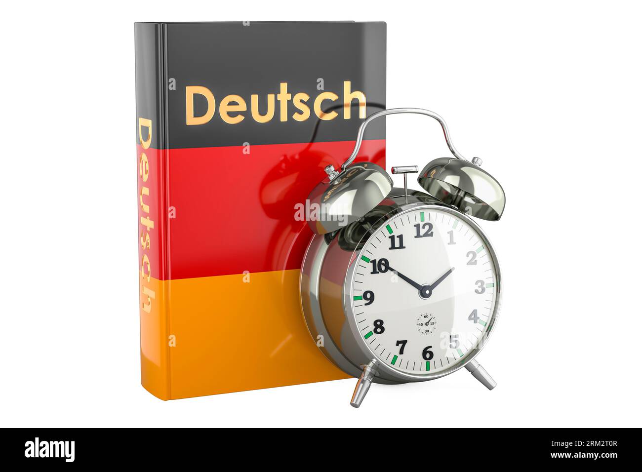 German language textbook with alarm clock. Time to learn German
