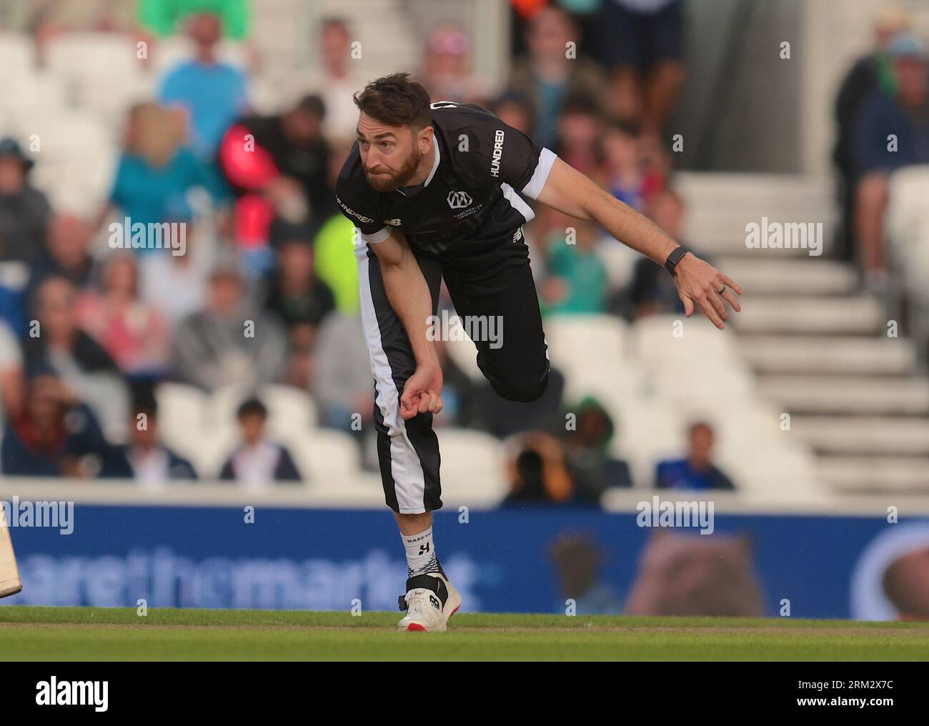 London, UK. 26th Aug, 2023. Richard Gleeson of the Manchester Originals bowling as The Manchester Originals take on The Southern Brave in The Hundred men's eliminator at The Kia Oval. Credit: David Rowe/Alamy Live News Stock Photo
