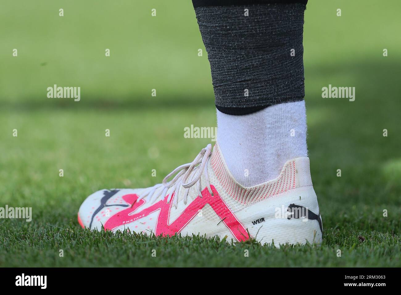 The Puma PWRTAPE boots of Jensen Weir 15 of Blackpool during the Sky