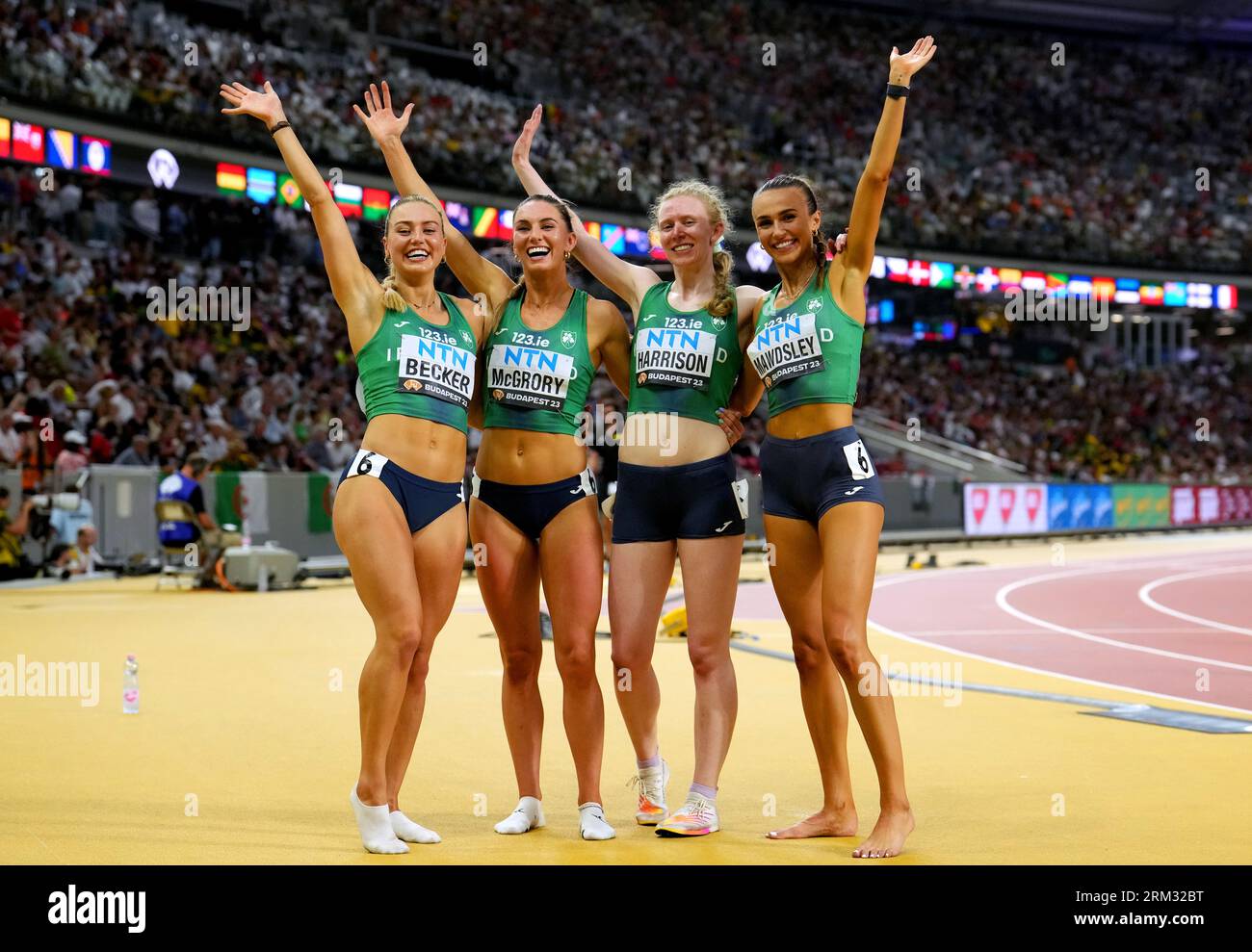 Ireland's Sophie Becker, Kelly McGrory, Roisin Harrison and Sharlene Mawdsley after competing in heat two of the Women's 4x400 Metres Relay on day eight of the World Athletics Championships at the National Athletics Centre in Budapest, Hungary. Picture date: Saturday August 26, 2023. Stock Photo