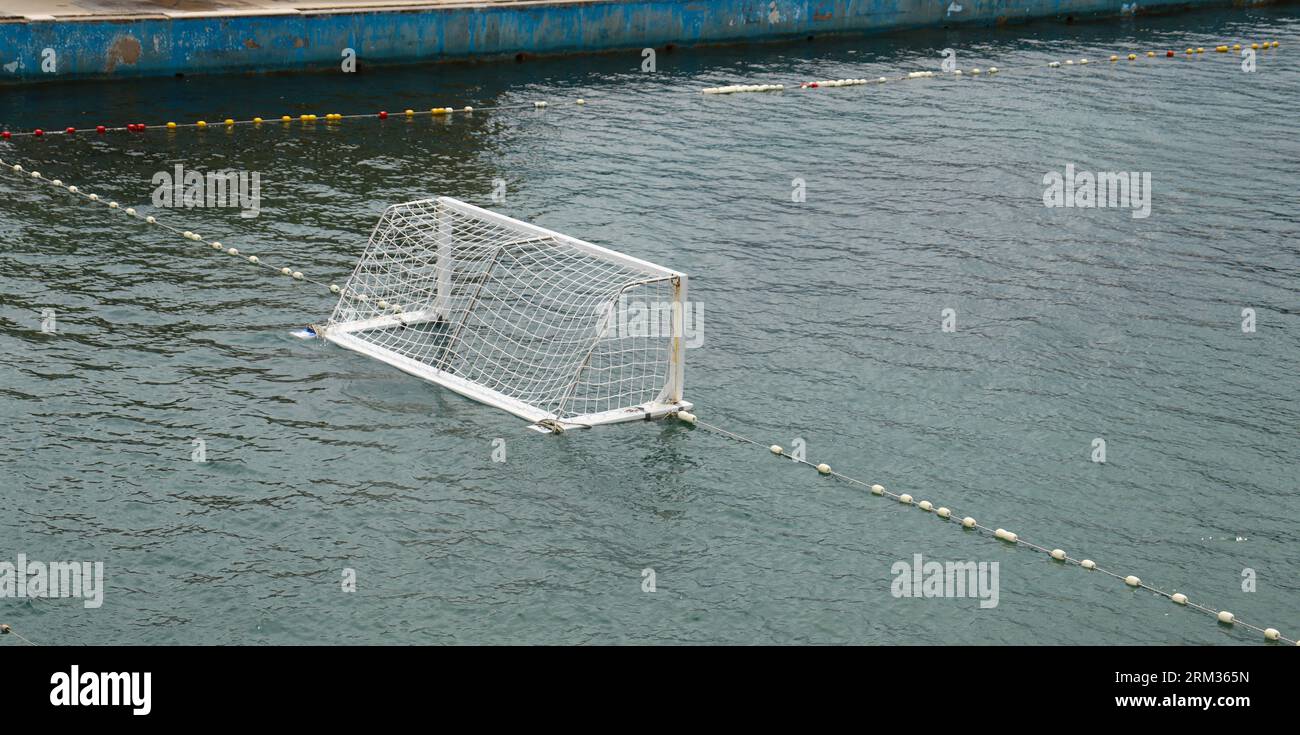 Single water polo goal in empty sea  area Stock Photo