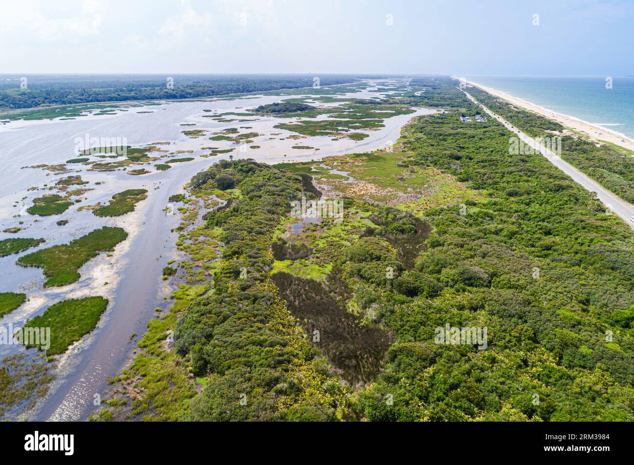 Ponte Vedra Beach Florida,Guana River Wildlife Management Area,Route A1A highway,Atlantic Ocean,aerial overhead from above view,salt marsh maritime ha Stock Photo