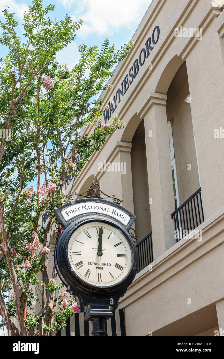 Waynesboro Georgia,First National Bank clock,outside exterior,building front entrance Stock Photo