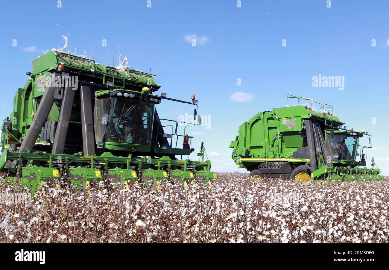 Bildnummer: 60154773  Datum: 17.07.2013  Copyright: imago/Xinhua SYDNEY, July 17 2013 - Cotton-harvesting machine is seen at UNIBALE, a subsidiary of Chinatex Corporation, in Moree, New South Wales, Australia, on July 17, 2013. Chinatex Corporation purchased the cotton base to plant cotton in Moree in early 1990s. The base, covering an area of 5,200 hectares, owns the anual productivity of more than 2,700,000 kg unginned cotton and provides mainly for Chinatex Corporation and partly for international market. (Xinhua/Jin Linpeng) (lr) AUSTRALIA-NEW SOUTH WALES-MOREE-CHINATEX CORP-COTTON BASE-UN Stock Photo