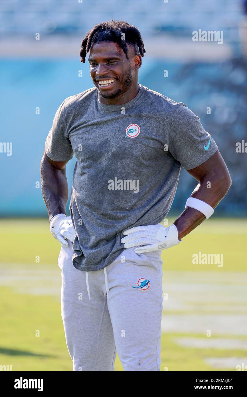 Miami Dolphins wide receiver Tyreek Hill (10) stands on the field during  the first half of an NFL football game against the New York Jets, Sunday,  Jan. 8, 2023, in Miami Gardens